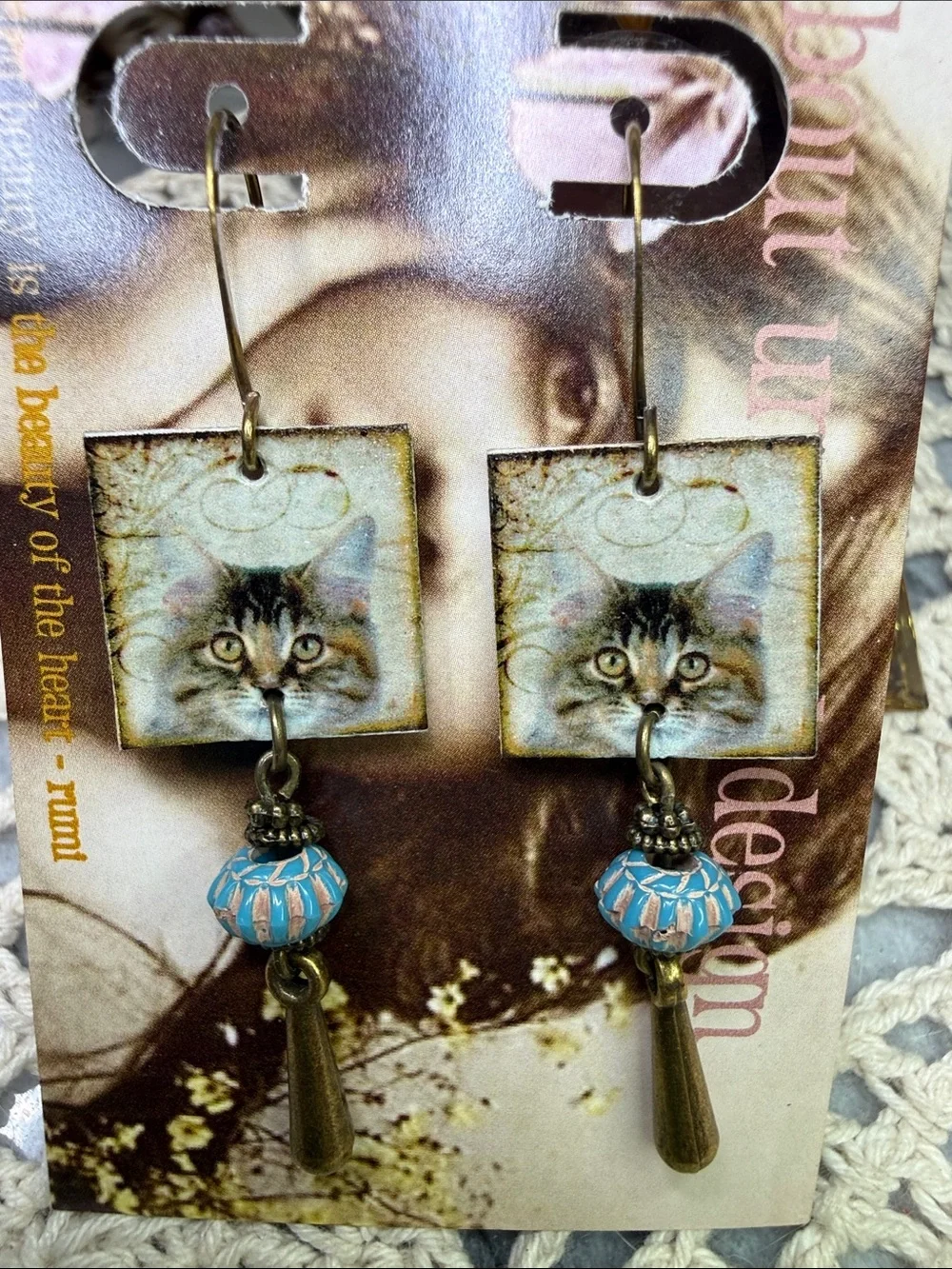 Handmade Cat Portrait Dangle artboard Earrings in Blue and Bronze